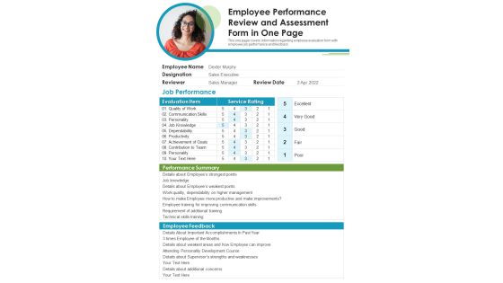 Employee Performance Review And Assessment Form In One Page PDF Document PPT Template Employee Performance Review And Assessment Form In One Page PDF Document PPT Template