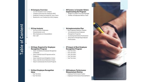 Employee Recognition Award Table Of Content Ppt PowerPoint Presentation Professional Example Topics PDF Employee Recognition Award Table Of Content Ppt PowerPoint Presentation Professional Example Topics PDF
