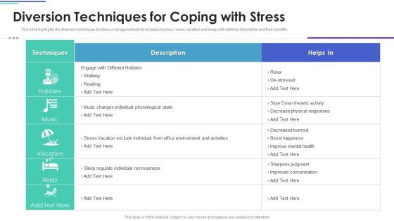 Employee Stress Management Methods Diversion Techniques For Coping With Stress Brochure PDF Employee Stress Management Methods Diversion Techniques For Coping With Stress Brochure PDF