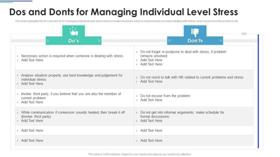Employee Stress Management Methods Dos And Donts For Managing Individual Level Stress Sample PDF Employee Stress Management Methods Dos And Donts For Managing Individual Level Stress Sample PDF