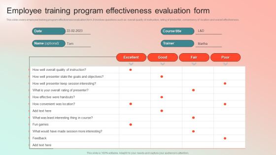 Employee Training Program Effectiveness Evaluation Form Information PDF