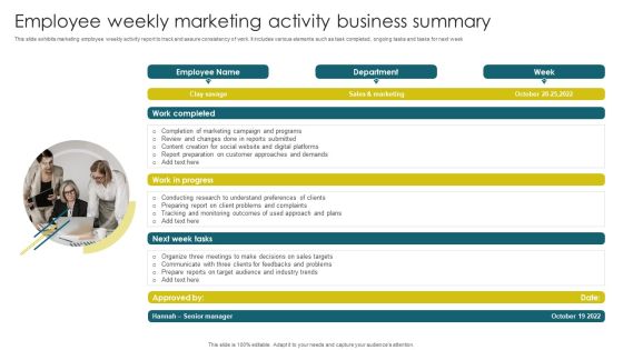 Employee Weekly Marketing Activity Business Summary Download PDF