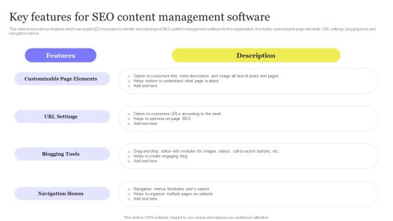 Enhancing Digital Visibility Using SEO Content Strategy Key Features For SEO Content Management Software Infographics PDF