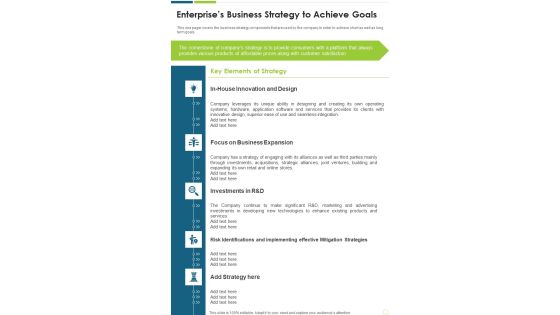 Enterprises Business Strategy To Achieve Goals One Pager Documents