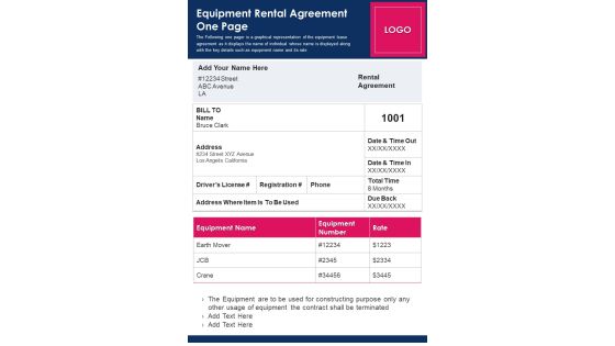 Equipment Rental Agreement One Page PDF Document PPT Template