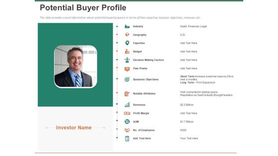 Escape Plan Venture Capitalist Potential Buyer Profile Ppt Slides Design Templates PDF