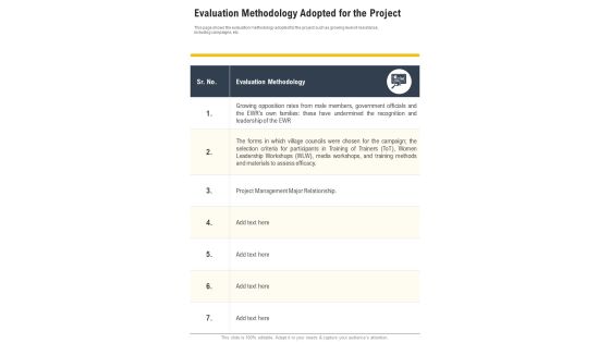 Evaluation Methodology Adopted For The Project One Pager Documents
