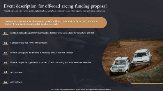 Event Description For Off Road Racing Funding Proposal Ppt PowerPoint Presentation Diagram Graph Charts PDF Event Description For Off Road Racing Funding Proposal Ppt PowerPoint Presentation Diagram Graph Charts PDF
