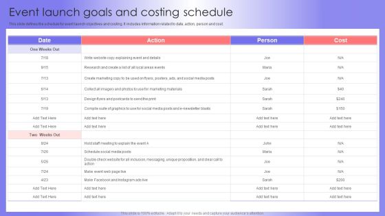 Event Launch Goals And Costing Schedule Professional PDF