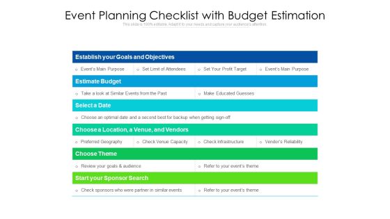 Event Planning Checklist With Budget Estimation Ppt PowerPoint Presentation Infographics Graphics Download PDF