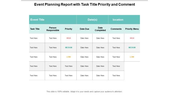 Event Planning Report With Task Title Priority And Comment Ppt PowerPoint Presentation Portfolio Graphics Tutorials Cpb