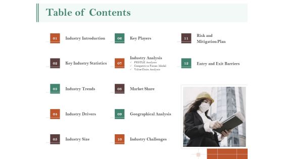 Examining The Industry Environment Of Company Table Of Contents Ppt Infographic Template Icons PDF