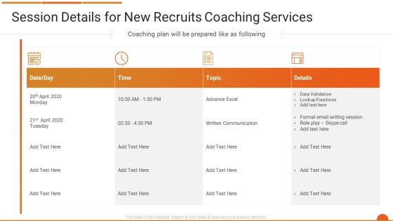 Executive Job Training Session Details For New Recruits Coaching Services Template PDF Executive Job Training Session Details For New Recruits Coaching Services Template PDF