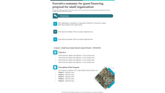 Executive Summary For Grant Financing Proposal For Small Organization One Pager Sample Example Document Executive Summary For Grant Financing Proposal For Small Organization One Pager Sample Example Document