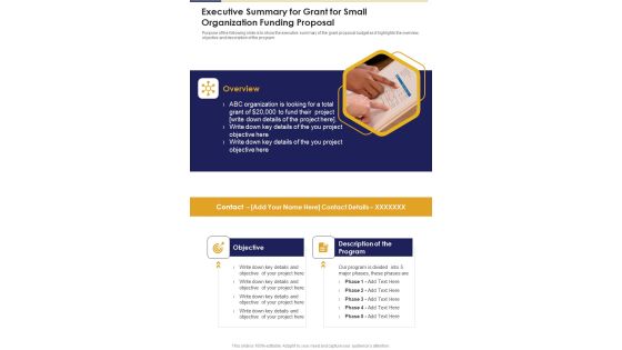 Executive Summary For Grant For Small Organization Funding Proposal One Pager Sample Example Document Executive Summary For Grant For Small Organization Funding Proposal One Pager Sample Example Document