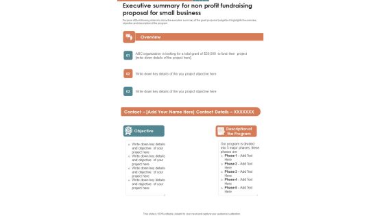 Executive Summary For Non Profit Fundraising For Small Business One Pager Sample Example Document Executive Summary For Non Profit Fundraising For Small Business One Pager Sample Example Document