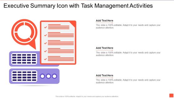 Executive Summary Icon With Task Management Activities Themes PDF