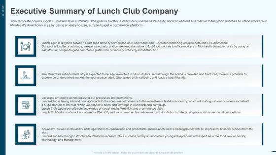 Executive Summary Of Lunch Club Company Lunchclub Investor Capitalizing Elevator Introduction Pdf Executive Summary Of Lunch Club Company Lunchclub Investor Capitalizing Elevator Introduction Pdf