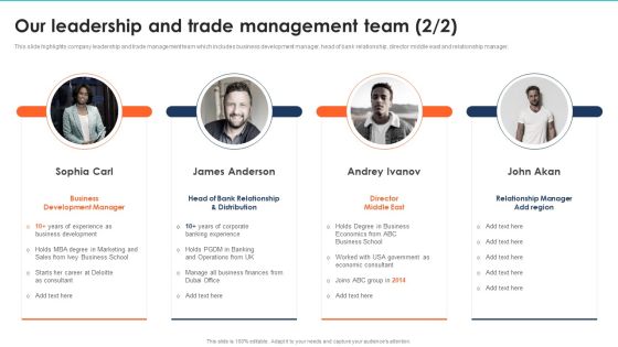 Export Management Company Profile Our Leadership And Trade Management Team Business Portrait PDF Export Management Company Profile Our Leadership And Trade Management Team Business Portrait PDF