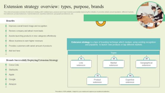 Extending Brand To Introduce New Commodities And Offerings Extension Strategy Overview Types Purpose Summary PDF