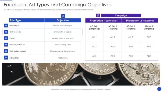 Facebook Marketing Strategies For Small Enterprise Facebook Ad Types And Campaign Objectives Infographics PDF Facebook Marketing Strategies For Small Enterprise Facebook Ad Types And Campaign Objectives Infographics PDF