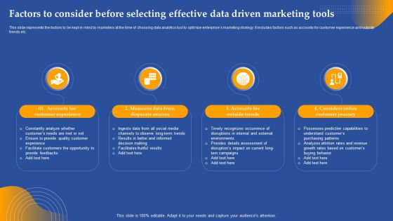 Factors To Consider Before Selecting Effective Data Driven Marketing Tools Ppt Styles Model PDF Factors To Consider Before Selecting Effective Data Driven Marketing Tools Ppt Styles Model PDF