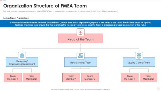 Failure Methods And Effects Assessments FMEA Organization Structure Of FMEA Team Icons PDF