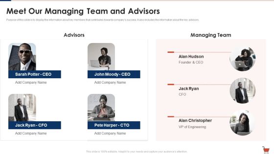 Fast Moving Consumption Goods Pitch Deck Successful Capital Raising Meet Our Managing Team And Advisors Elements PDF Fast Moving Consumption Goods Pitch Deck Successful Capital Raising Meet Our Managing Team And Advisors Elements PDF