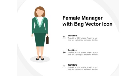 Female Manager With Bag Vector Icon Ppt PowerPoint Presentation Pictures Shapes PDF