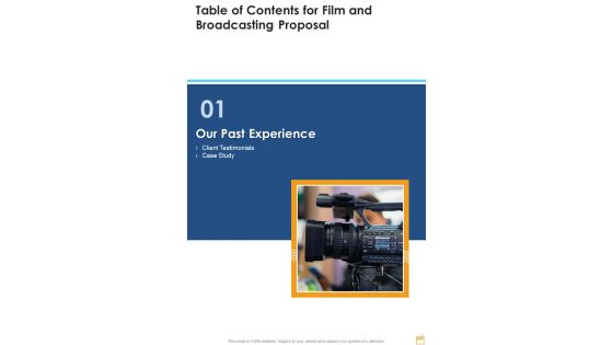 Film And Broadcasting Proposal Table Of Contents One Pager Sample Example Document Film And Broadcasting Proposal Table Of Contents One Pager Sample Example Document