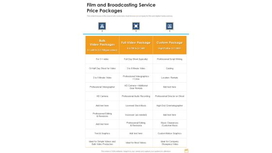 Film And Broadcasting Service Price Packages One Pager Sample Example Document Film And Broadcasting Service Price Packages One Pager Sample Example Document