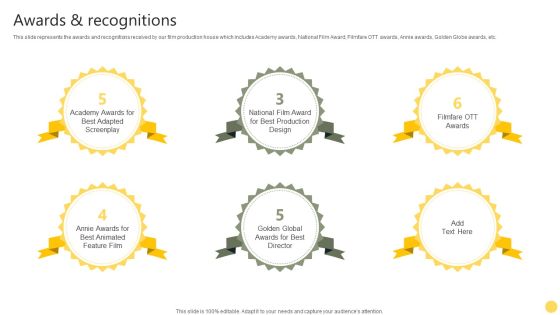 Film Making Firm Profile Awards And Recognitions Ppt PowerPoint Presentation Icon Portfolio PDF