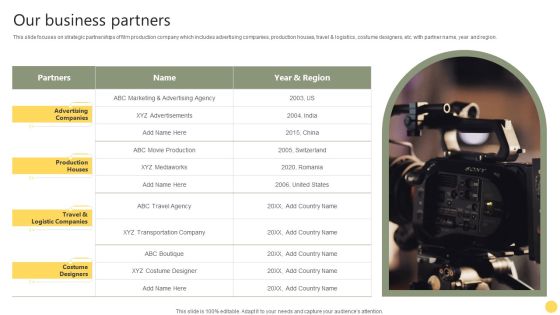 Film Making Firm Profile Our Business Partners Ppt PowerPoint Presentation File Template PDF