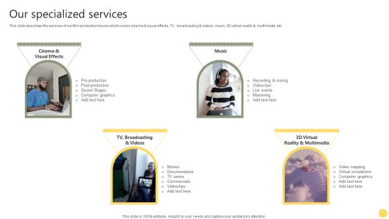 Film Making Firm Profile Our Specialized Services Ppt PowerPoint Presentation File Mockup PDF Film Making Firm Profile Our Specialized Services Ppt PowerPoint Presentation File Mockup PDF