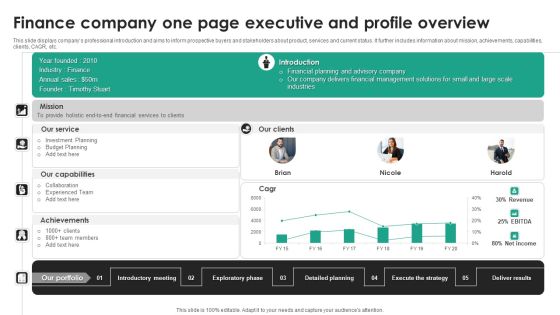 Finance Company One Page Executive And Profile Overview Inspiration PDF Finance Company One Page Executive And Profile Overview Inspiration PDF