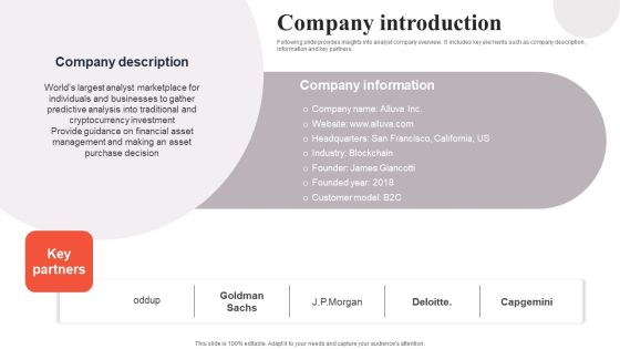 Financial Analytics Solution Investor Funding Elevator Pitch Deck Company Introduction Infographics PDF