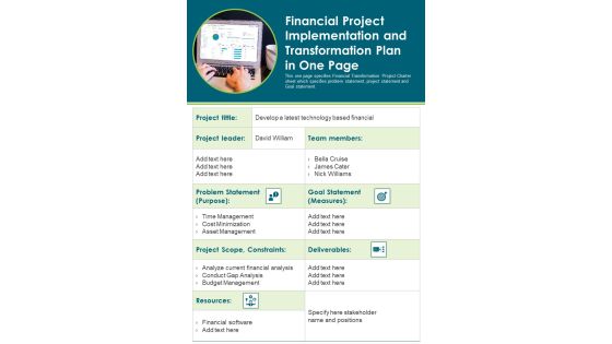 Financial Project Implementation And Transformation Plan In One Page PDF Document PPT Template Financial Project Implementation And Transformation Plan In One Page PDF Document PPT Template