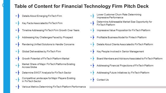 Financial Technology Firm Table Of Content For Financial Technology Firm Pitch Deck Demonstration PDF