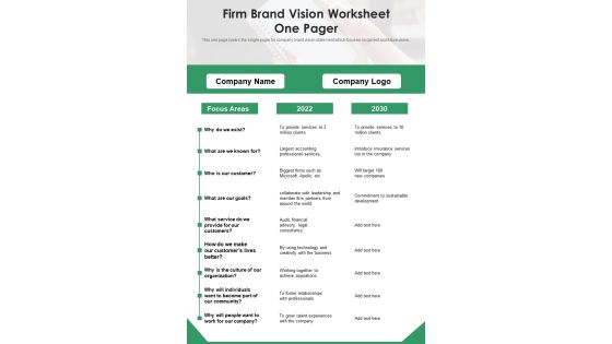 Firm Brand Vision Worksheet One Pager PDF Document PPT Template Firm Brand Vision Worksheet One Pager PDF Document PPT Template