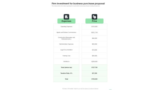 Firm Investment For Business Purchase Proposal One Pager Sample Example Document Firm Investment For Business Purchase Proposal One Pager Sample Example Document