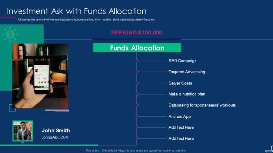 Fitness Tracker App Startup Investor Presentation Investment Ask With Funds Allocation Graphics PDF