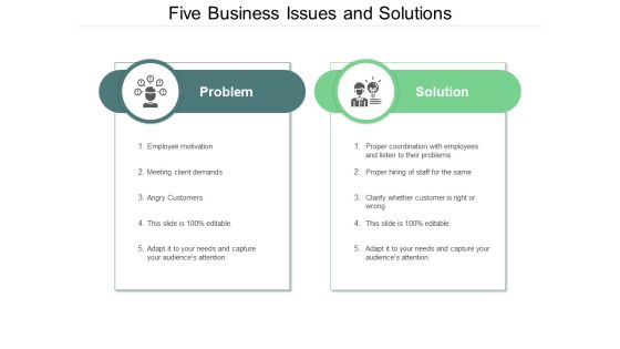 Five Business Issues And Solutions Ppt PowerPoint Presentation Inspiration Outline Five Business Issues And Solutions Ppt PowerPoint Presentation Inspiration Outline