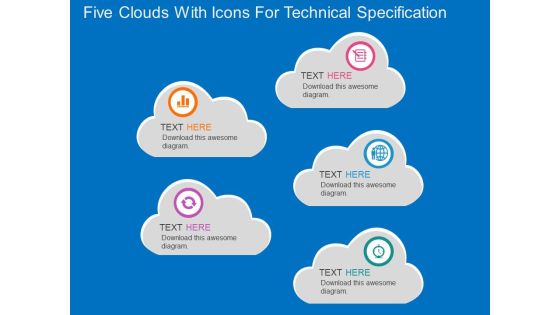 Five Clouds With Icons For Technical Specification Powerpoint Template Five Clouds With Icons For Technical Specification Powerpoint Template