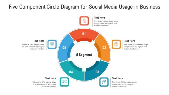 Five Component Circle Diagram For Social Media Usage In Business Ppt PowerPoint Presentation Gallery Brochure PDF