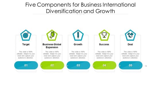 Five Components For Business International Diversification And Growth Ppt PowerPoint Presentation Gallery Background PDF