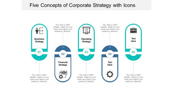 Five Concepts Of Corporate Strategy With Icons Ppt Powerpoint Presentation Professional Styles