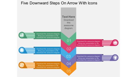 Five Downward Steps On Arrow With Icons Powerpoint Template
