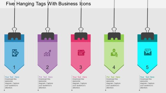 Five Hanging Tags With Business Icons Powerpoint Templates Five Hanging Tags With Business Icons Powerpoint Templates