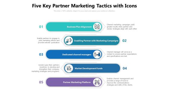 Five Key Partner Marketing Tactics With Icons Ppt PowerPoint Presentation Portfolio Structure PDF