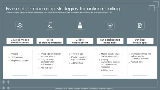 Five Mobile Marketing Strategies For Online Retailing Retail Business Growth Marketing Techniques Slides PDF Five Mobile Marketing Strategies For Online Retailing Retail Business Growth Marketing Techniques Slides PDF